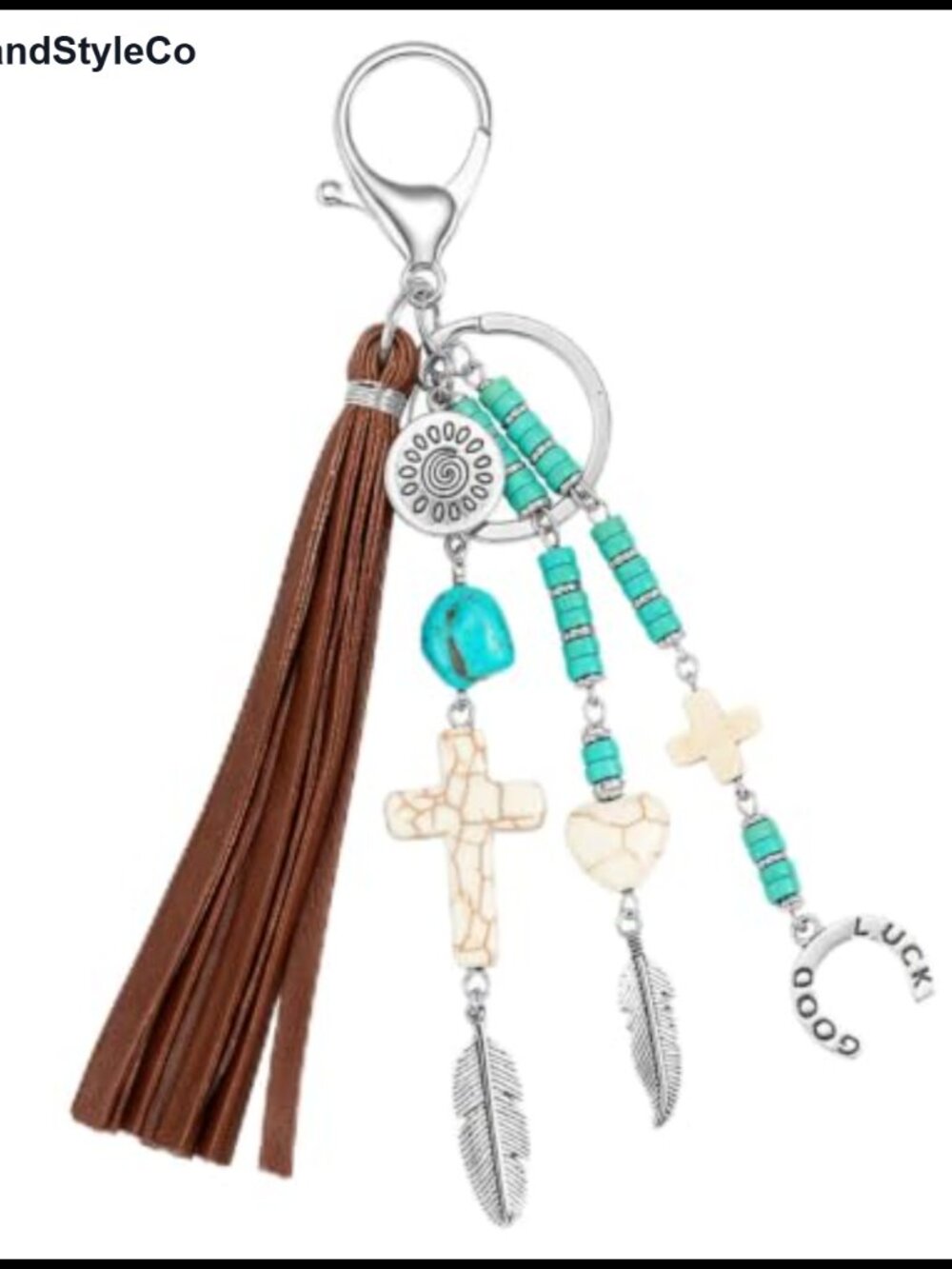 Western Boho Cross Keychain Turquoise Beads Tassel Purse Bag Charm